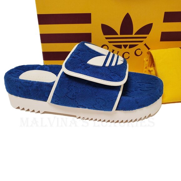 GUCCI MENS SHOES ADIDAS X GG BLUE COTTON SPONGE PLATFORM SANDAL SLIDE sz 9 9.5 - Picture 14 of 16